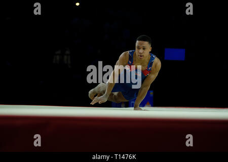 Birmingham, Regno Unito. 23 Marzo 2019.Joe Fraser (GBR) effettuando in corrispondenza di uomini della concorrenza per la ginnastica di Coppa del Mondo a Birmingham, Regno Unito. Credito: Giovanni Strondl. Foto Stock