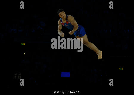 Birmingham, Regno Unito. 23 Marzo 2019.Joe Fraser (GBR) effettuando in corrispondenza di uomini della concorrenza per la ginnastica di Coppa del Mondo a Birmingham, Regno Unito. Credito: Giovanni Strondl. Foto Stock