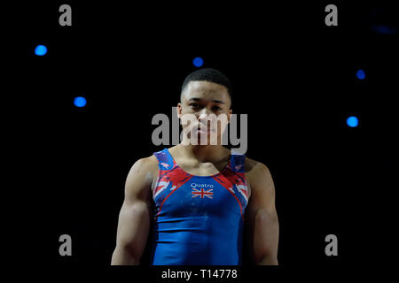 Birmingham, Regno Unito. 23 Marzo 2019.Joe Fraser (GBR) effettuando in corrispondenza di uomini della concorrenza per la ginnastica di Coppa del Mondo a Birmingham, Regno Unito. Credito: Giovanni Strondl. Foto Stock