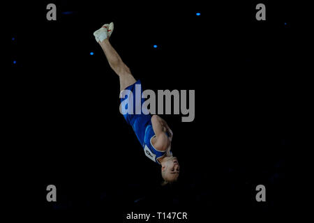 Birmingham, Regno Unito. 23 Mar, 2019. Joe Fraser (GBR) effettuando in corrispondenza di uomini della concorrenza per la ginnastica di Coppa del Mondo a Birmingham, Regno Unito. Credito: Giovanni Strondl/Alamy Live News Foto Stock