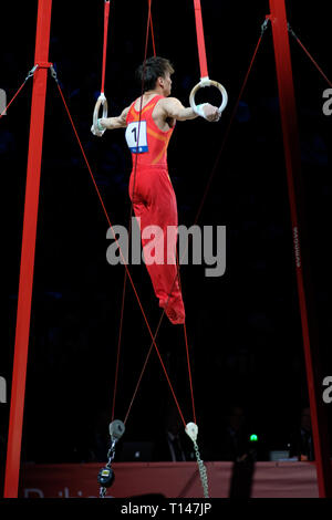 Birmingham, Regno Unito. 23 Mar, 2019. Wei Sun (CHN) effettuando in corrispondenza di uomini della concorrenza per la ginnastica di Coppa del Mondo a Birmingham, Regno Unito. Credito: Giovanni Strondl/Alamy Live News Foto Stock