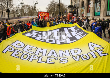 Londra, UK, 23 Mar 2019. I manifestanti in abiti colorati con cartelli e striscioni. I dimostranti provenienti da tutto il Regno Unito e molti britannici Ex-Pats dall'estero, hanno viaggiato per aderire al "voto popolare marzo", a cui si fa riferimento anche come 'metterlo al popolo' marzo. Il mese di marzo, che ha visto la partecipazione di centinaia di migliaia, fa il suo modo da Park Lane, lungo Piccadilly, Trafalgar Square e Whitehall per terminare con interventi di attivisti politici e in piazza del Parlamento, Westminster. Foto Stock