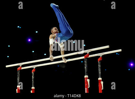 La Gran Bretagna è Joe Fraser in azione sulle barre parallele durante la Gymnastics World Cup presso il Resort World Arena, Birmingham. Foto Stock