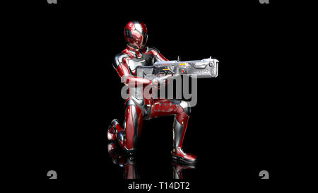 Il futuristico android soldato in bulletproof armor, cyborg militari armati con sci-fi pistola fucile inginocchiati su sfondo nero, rendering 3D Foto Stock