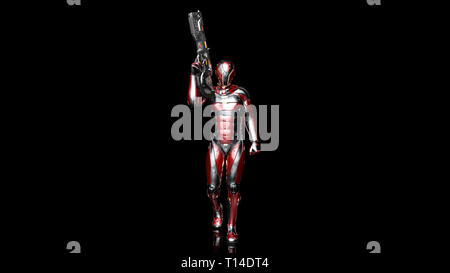 Il futuristico android soldato in bulletproof armor, cyborg militari armati con sci-fi pistola fucile a camminare su sfondo nero, rendering 3D Foto Stock