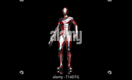 Il futuristico android soldato in bulletproof armor, cyborg militari armati con sci-fi pistola fucile in piedi su sfondo nero, rendering 3D Foto Stock