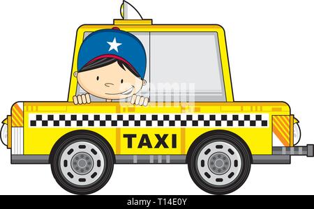 Cartoon giallo taxi con autista carino Illustrazione Vettoriale