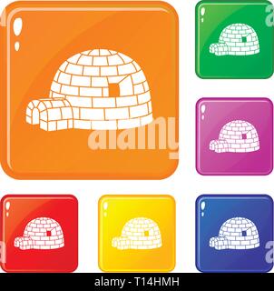 Eschimese igloo set di icone a colori del vettore Illustrazione Vettoriale