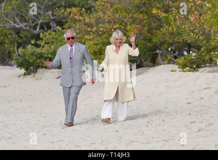 Il Principe di Galles e la duchessa di Cornovaglia a piedi lungo una spiaggia durante un giorno di visita all'isola caraibica di Grenada. Foto Stock