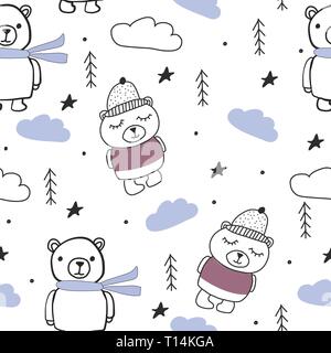 Orsi, gli alberi, le nuvole foresta scandinava pattern senza giunture per bambini vestiti, confezionamento e altri scopi. Illustrazione Vettoriale
