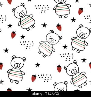 Orsi, fragola foresta scandinava pattern senza giunture per bambini vestiti, confezionamento e altri scopi. Illustrazione Vettoriale