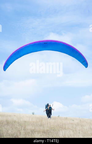 Un giovane femmina para parapendio decolla dal South Downs. Foto Stock