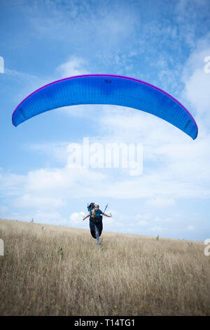 Un giovane femmina para parapendio decolla dal South Downs. Foto Stock