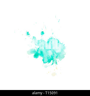Acquerello blot di aqua con schizzi e divorzi. Isolato emerald blot su uno sfondo bianco. Blot verde disegnata a mano. Foto Stock