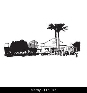 Paesaggio naturale safari africano disegnato a mano nero su sfondo bianco Illustrazione Vettoriale