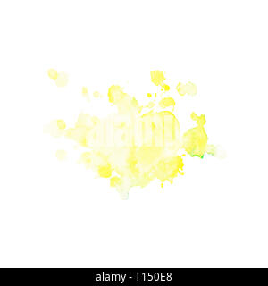 Acquerello macchia di colore giallo pallido con spruzzi di verde e divorzi. Blot isolato su sfondo bianco. Giallo limone stain disegnati a mano. Foto Stock