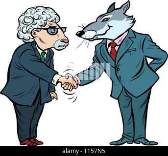 Lupo e pecore di negoziati commerciali, l'amicizia isolare su sfondo bianco Illustrazione Vettoriale