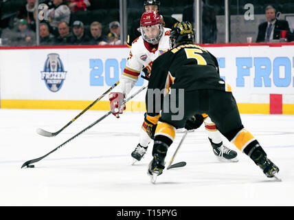 Marzo 23, 2019 Denver pionieri in avanti Jarid Lukosevicius (14) pattini fino a Colorado College Tigers defenceman Cole McCaskill (5) durante la NCHC congelati Faceoff terzo posto gioco tra il Colorado College Le tigri e i pionieri di Denver all'Xcel Energy Center, St. Paul, MN. Foto di Russell Hons/CSM Foto Stock