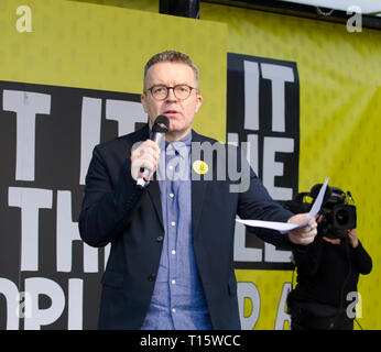 Londra, Regno Unito. 23 Mar, 2019. Tom Watson MP, vice leader del partito laburista che parla al voto popolare Marzo e rally, 'metterlo al popolo." La piazza del Parlamento di Londra. Credito: Prixpics/Alamy Live News Foto Stock