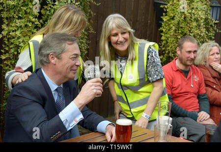 Nottingham, Regno Unito. 23 Mar, 2019. Nigel Farage, & sostenitori a Beeston, su marzo Credito: Chris Whiteman/Alamy Live News Foto Stock