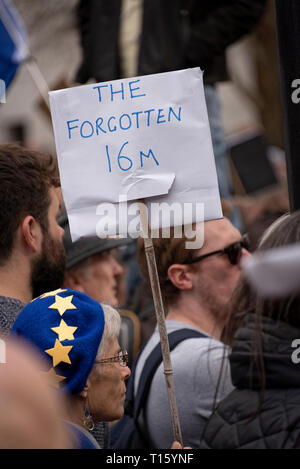 Londra, Regno Unito. 23 Mar, 2019. I popoli votazione marzo, i dimenticati 16 milioni - targhetta piccola donna UE hat. Dettaglio della folla e banner come presi dalla prospettiva di un manifestante. Rimanere banner, secondo referendum. Credito: Tony Pincham/Alamy Live News Foto Stock