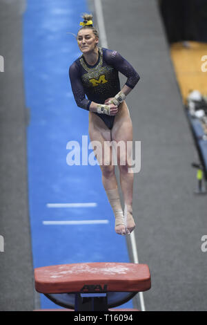 University Park, Pennsylvania, USA. 23 Mar, 2019. ABBY BRENNERO presso la University of Michigan compete sulla volta a Rec Hall nel Parco di Università, Pennsylvania. Credito: Amy Sanderson/ZUMA filo/Alamy Live News Foto Stock