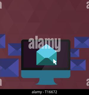 Aprire la busta di colore all'interno dello schermo del computer. Lettera involucro circonda il design dei PC aziendali copia vuota spazio per testo Annuncio promozione sito web divieto isolato Illustrazione Vettoriale