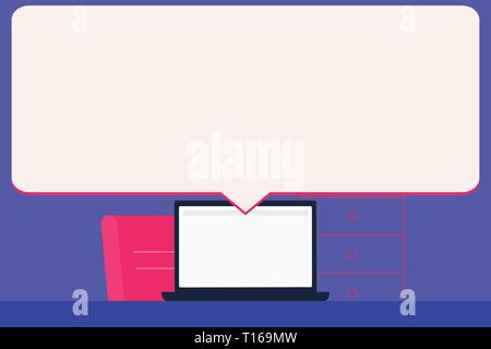 Enorme vuoto discorso bolla rivolta al bianco schermo portatile in area di lavoro Business Idea concetto vuoto copia modello spazio isolato poster promoti coupon Illustrazione Vettoriale