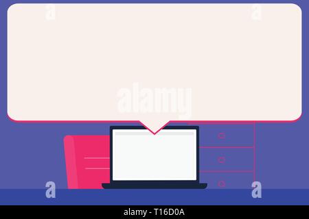 Enorme vuoto discorso bolla rivolta al bianco schermo portatile in area di lavoro Business Idea concetto vuoto copia modello spazio isolato poster promoti coupon Illustrazione Vettoriale
