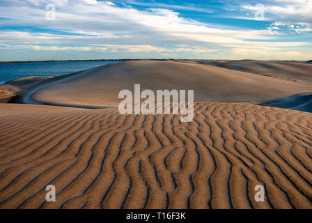 Il tardo pomeriggio di sole proietta ombre attraverso le dune di sabbia a Adolfo López Mateos in Baja California, Messico Foto Stock