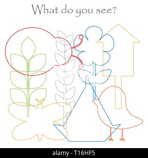 Trova gli oggetti nascosti sulle immagini, spring garden tema, scadente, set di contorno, divertente gioco di educazione per i bambini in età prescolare, attività per i bambini, vettore Illustrazione Vettoriale