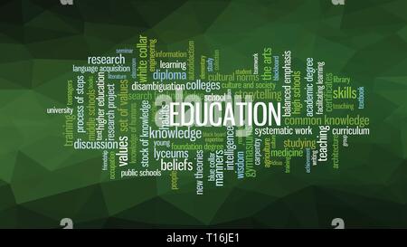 Word cloud, concetto illustrazione mostra parole legate alla conoscenza, apprendimento, educazione, saggezza e concetti simili, sulla bassa poli dello sfondo. Vector ES Illustrazione Vettoriale