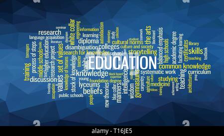 Word cloud, concetto illustrazione mostra parole legate alla conoscenza, apprendimento, educazione, saggezza e concetti simili, sulla bassa poli dello sfondo. Vector ES Illustrazione Vettoriale