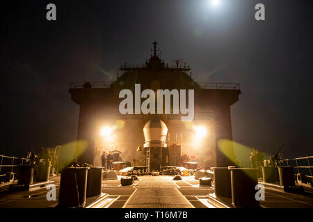 Stati Uniti Marines e marinai sulla Whidbey Island-class dock landing ship USS Fort McHenry (LSD-43) stare a guardare mentre la nave scende ancora per la manutenzione di routine. Marines e marinai con il ventiduesimo MEU e anfibio Kearsarge pronto Gruppo sono attualmente dispiegati per gli Stati Uniti Quinta Flotta area di operazioni a sostegno di operazioni navali per garantire stabilità marittimo e la sicurezza nella regione centrale di collegamento del Mediterraneo e del Pacifico attraverso l'Oceano Indiano occidentale e tre strategici punti di strozzatura. (U.S. Marine Corps photo by Lance Cpl. Antonio Garcia/rilasciato) Foto Stock