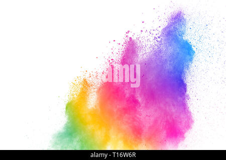 Bloccare il movimento della polvere colorata esplosioni isolati su sfondo bianco.colore delle particelle di polvere opener sullo sfondo Foto Stock