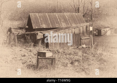 Vecchio capannone in legno in stile rustico impostazione paese. Vintage look seppia. Foto Stock