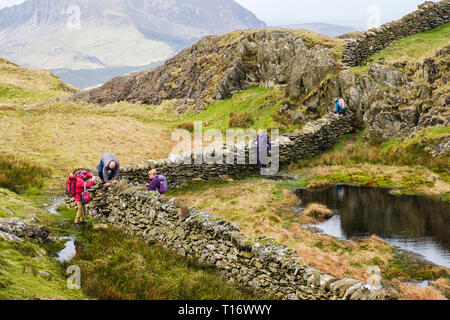 Gli escursionisti che si arrampica sul scomoda parete di pietra di stile sul percorso fino Yr Aran cresta nord nelle montagne del Parco Nazionale di Snowdonia. Gwynedd, Wales, Regno Unito, Gran Bretagna Foto Stock