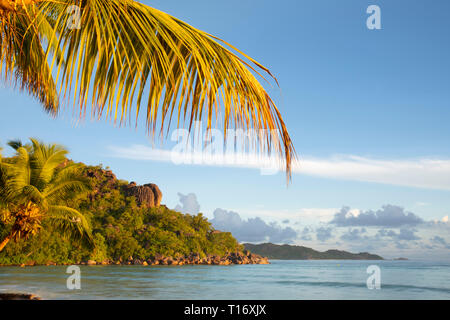 Presto la luce del sole su una penisola rocciosa accanto ad Anse Volbert, Praslin, Seicelle Foto Stock