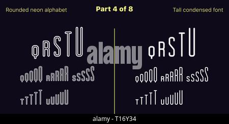 Condensato al neon bianca font, arrotondato. I caratteri tipografici di vettore in delineato e riempito di stili, parte 4 di 8. Neon alfabeto maiuscole strette con lettere e numeri Illustrazione Vettoriale