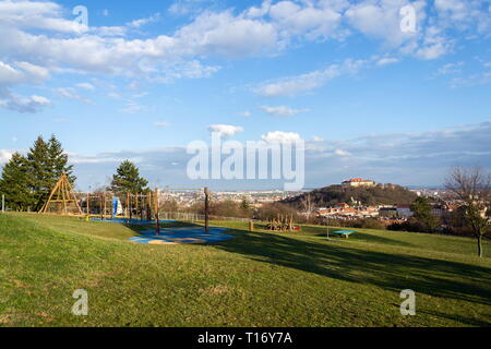 Belli i bambini in legno playhouse con swing e far scorrere su pendio Foto  stock - Alamy