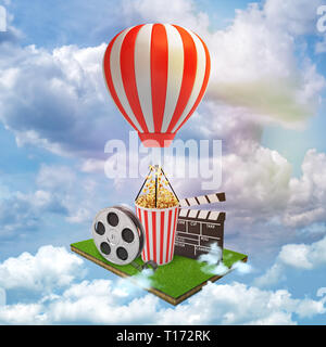 3D Rendering di film clap bordo, nastro a pellicola, popcorn la benna con un rosso bianco mongolfiera sul cielo blu, il bianco delle nuvole sullo sfondo Foto Stock