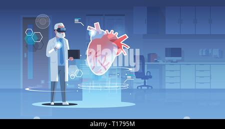 Medico di sesso maschile che indossa gli occhiali digitali cercando la realtà virtuale cuore organo umano anatomia healthcare medical vr auricolare vision concept ufficio ospedale Illustrazione Vettoriale