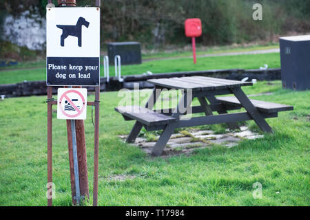 Tenere il cane in derivazione alla famiglia play area picnic segno Foto Stock