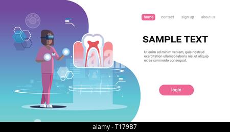 Medico donna infermiera indossando occhiali digitali cercando la realtà virtuale dente organo umano anatomia medica auricolare vr vision concept a piena lunghezza orizzontale Illustrazione Vettoriale