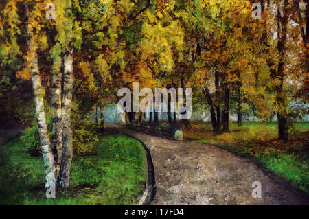 Pittura di olio. In autunno la strada attraverso il parco Foto Stock