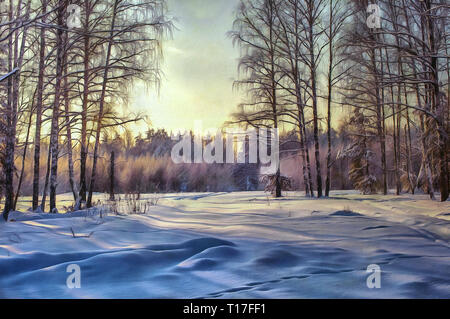 Pittura di olio paesaggio forestale con l'inverno Foto Stock