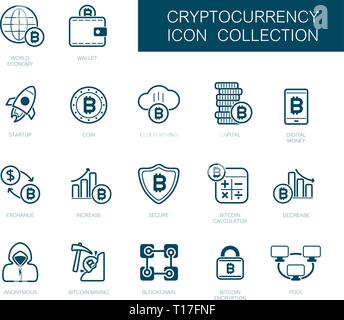 E Cryptocurrency blockchain icone. Il design del vettore di tecnologia blockchain, bitcoin, altcoins, cryptocurrency mining, finanza, digital money market Illustrazione Vettoriale