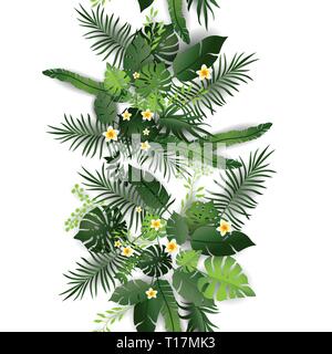 Modello senza giunture esotico sfondo floreale. Fiori tropicali e foglie su sfondo bianco. Verde print design uniforme Illustrazione Vettoriale