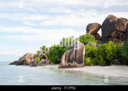 Grandi massi di granito e palme sull'L'Anse Source d'Argent, La Digue, Seicelle Foto Stock