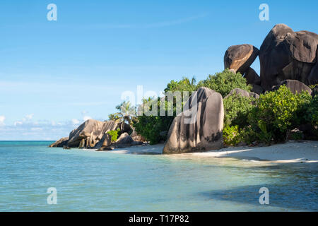 Giganteschi massi di granito e palme sull'L'Anse Source d'Argent, La Digue, Seicelle Foto Stock